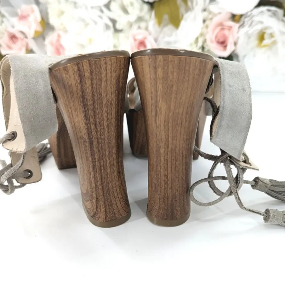 Guess Prenna Suede Leather Tassel Wooden Chunky Platform Sandals Heels Size 9.5